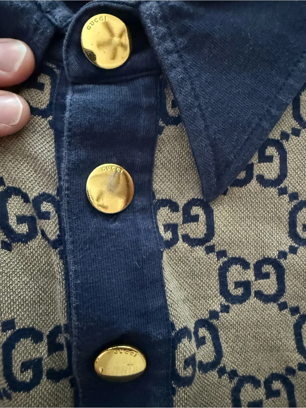 Gucci Beige GG Monogram Polo with Navy Collar & Sleeves